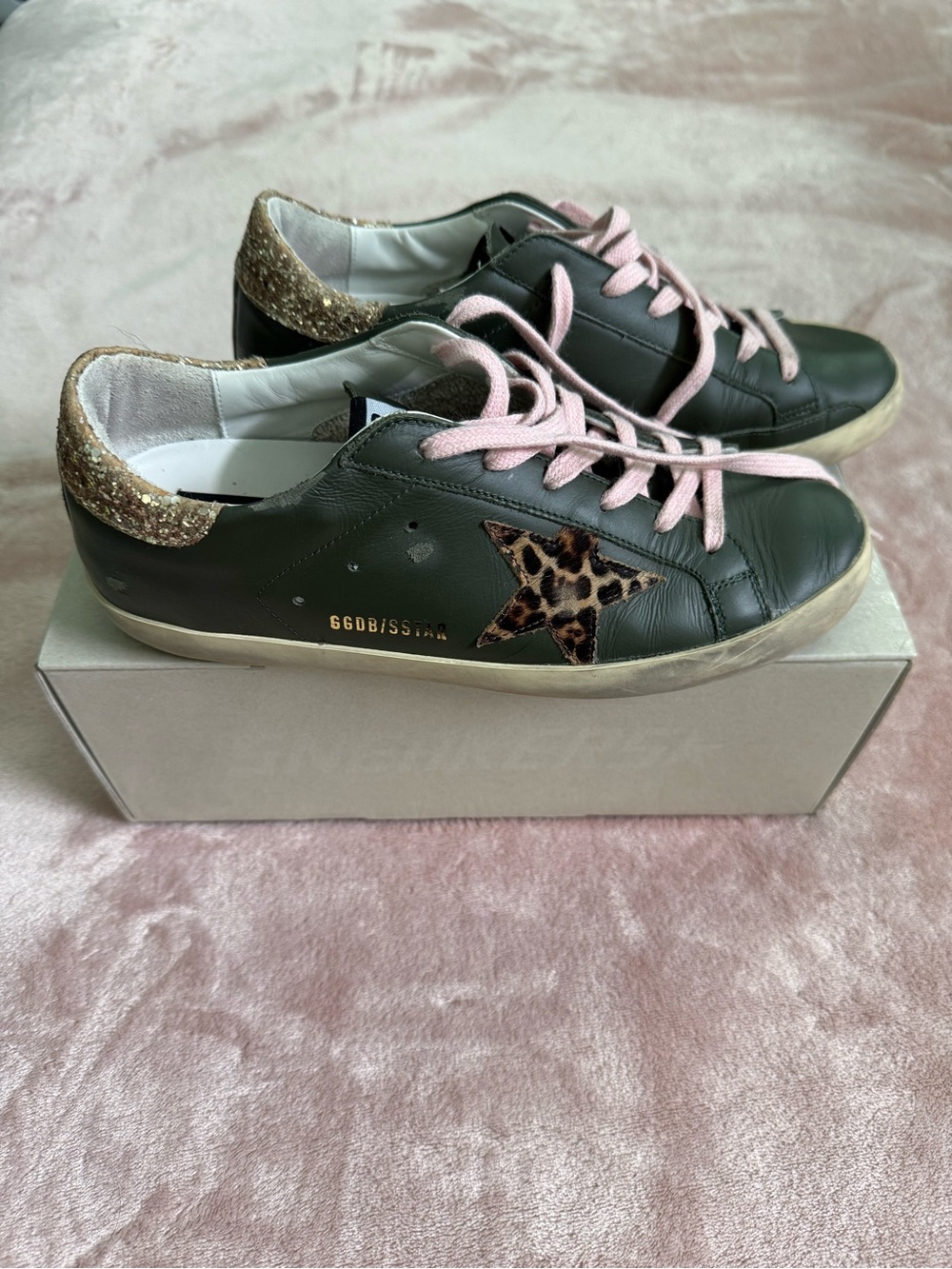 Golden Goose Super Star Green Leather Sneakers with Leopard Star & Pink Laces